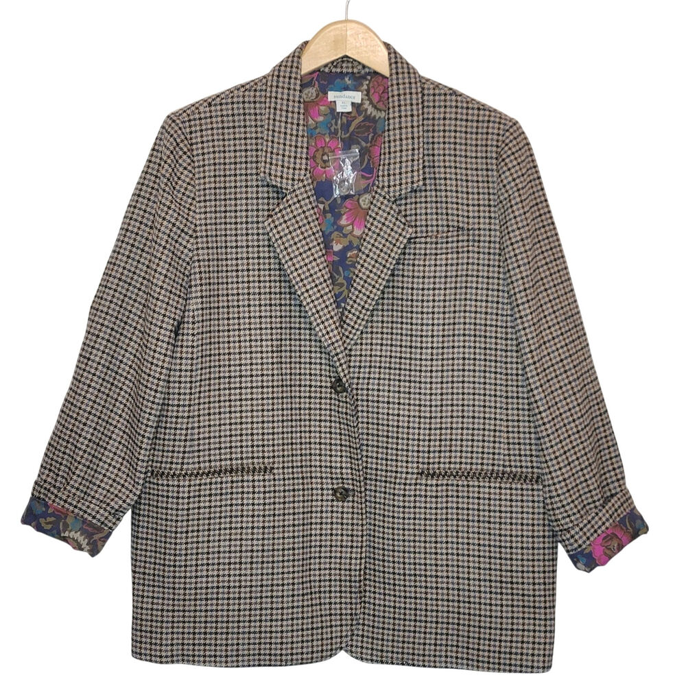 Sundance NWOT Janae Houndstooth Wool Blend Single Breasted Blazer Brown Blue XL